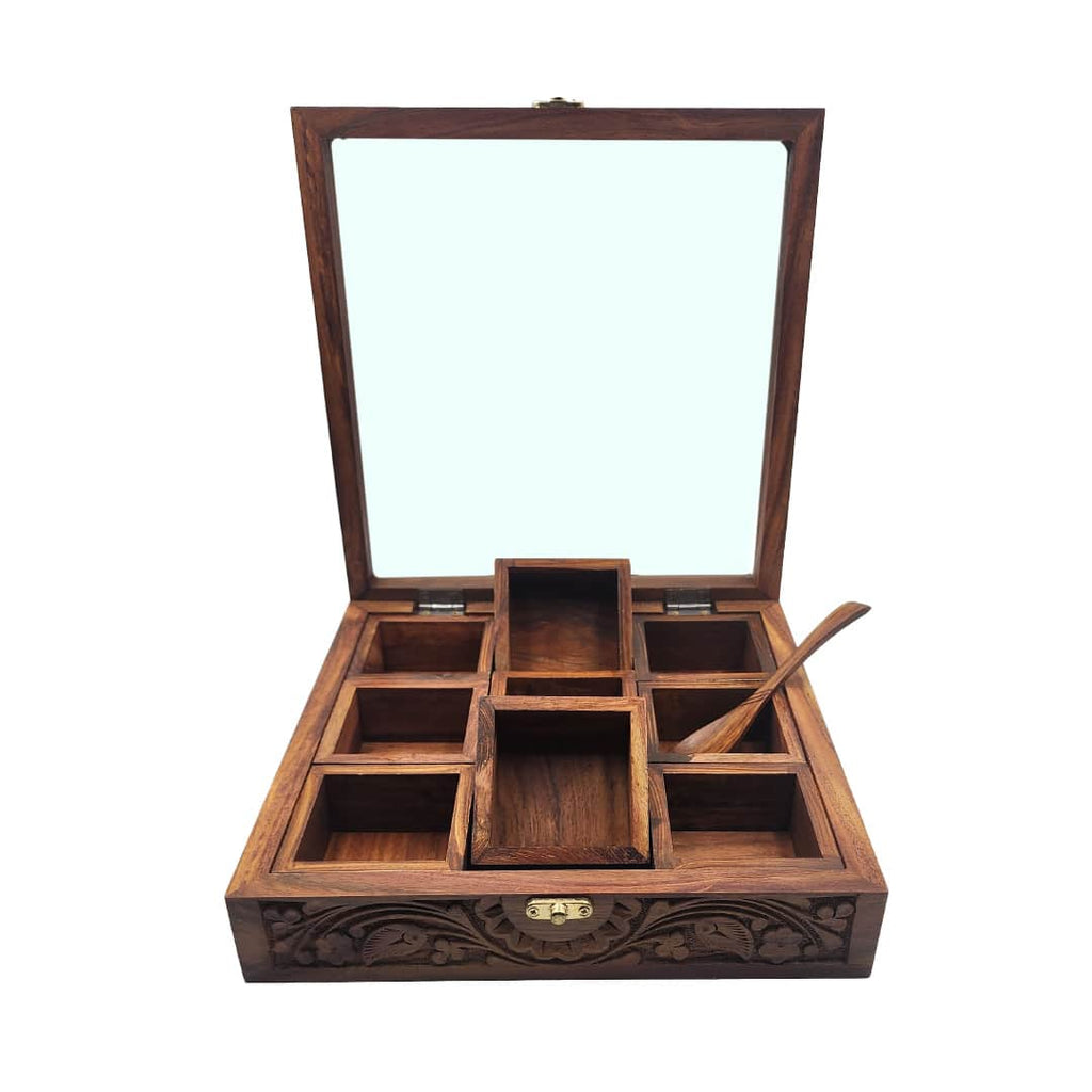 Premium Hand-Carved Wooden Spice Box with 9 Movable Containers