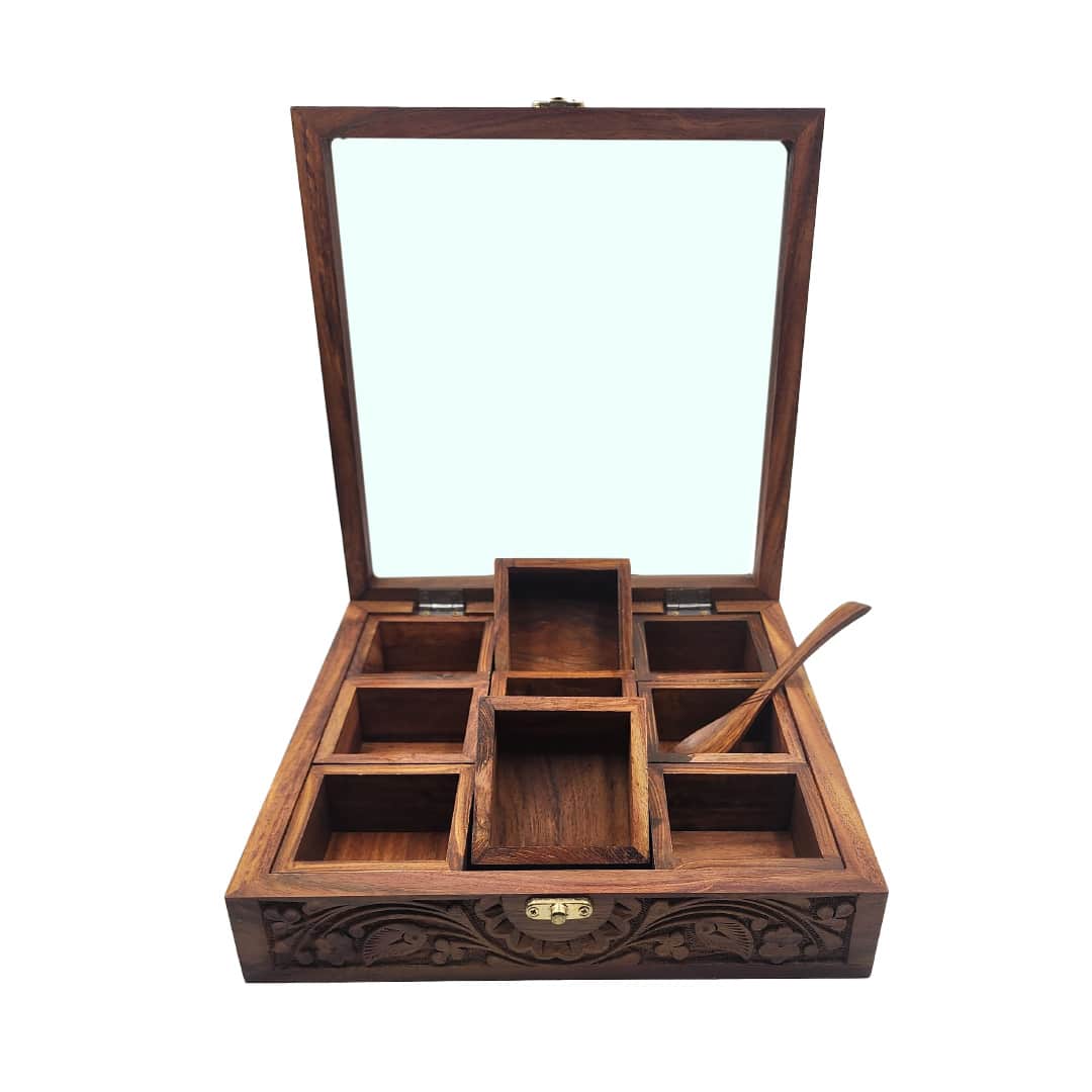 Premium Hand-Carved Wooden Spice Box with 9 Movable Containers